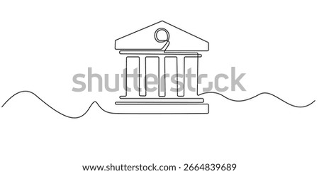Continuous line drawing of a classical bank or government building, symbolizing finance, law, or institutions. Minimalist design ideal for banking, politics, education, or historical concepts