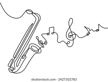 Continuous line drawing of classical saxophone. Saxophone jazz music instrument.