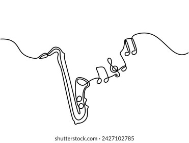 Continuous line drawing of classical saxophone. Saxophone jazz music instrument.