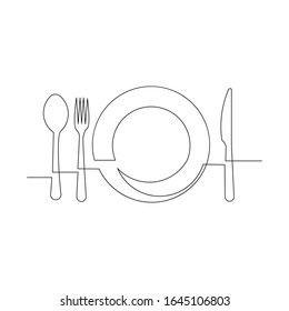 Continuous line drawing of clean plate, spoon, fork, and knife. One line art concept for restaurant and cafe. Vector illustration.