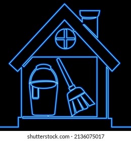Continuous line drawing clean tools housework neon