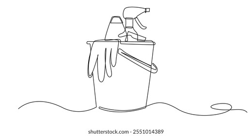 desenho de linha contínua do equipamento de limpeza set.one desenho de linha de ferramentas de limpeza, balde, luvas, spray, esponja, ilustração vetor de linha única rag.single.fundo branco isolado