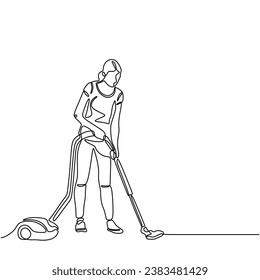 Dibujo continuo de líneas del concepto de servicio de limpieza. Mujer con aspiradora en el piso. Ilustración vectorial aislada. Diseño minimalista a mano.