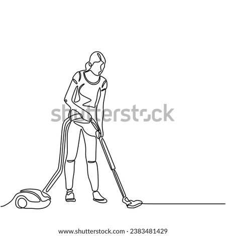 Continuous line drawing of Cleaning service concept. Woman with vacuum cleaner on floor. Vector illustration isolated. Minimalist design handdrawn.