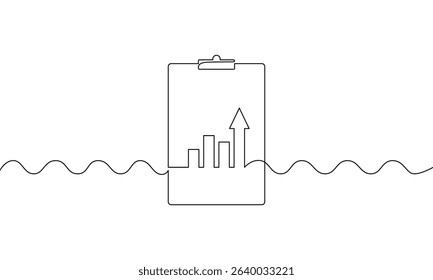 Continuous line drawing of clipboard with bar chart. Illustration vector of increasing arrow up. Single line art of business growth. Object one line of flat icon sign symbol