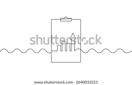 Continuous line drawing of clipboard with bar chart. Illustration vector of increasing arrow up. Single line art of business growth. Object one line of flat icon sign symbol