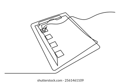 Continuous line drawing of Clipboard with checklist .To do list with ticks and concepts for test expertise and exam in simple linear style.line art Clipboard vector illustration.