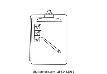 Continuous line drawing of Clipboard with checklist and pen.To do list with ticks and concepts for test expertise and exam in simple linear style.line art Clipboard vector illustration.