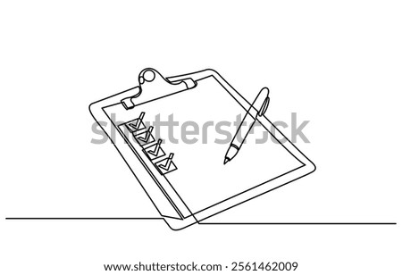 Continuous line drawing of Clipboard with checklist and pen.To do list with ticks and concepts for test expertise and exam in simple linear style.line art Clipboard vector illustration.