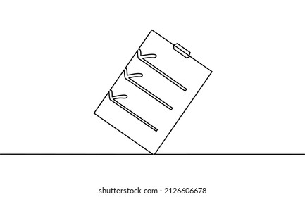 Continuous line drawing of clipboard with cheklist, business icon, object one line, single line art, vector illustration