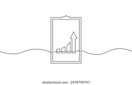 Dibujo lineal continuo de Portapapeles con grafo. Símbolo de lista de comprobación para el diseño del logotipo del Sitio web, App, UI. Una sola línea de flecha hacia arriba. Objeto una línea de gráfico de barras. Crecimiento empresarial. Flecha creciente hacia arriba