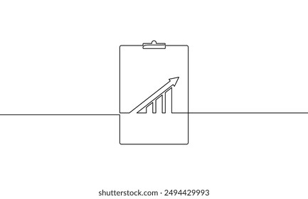 Continuous line drawing of clipboard with graph. Illustration vector of increasing arrow up. Single line art of bar chart. Object one line of business growth icon