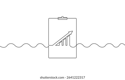 Continuous line drawing of clipboard with graph. Illustration vector of bar chart. Single line art of  increasing arrow up. Object one line of business growth. Flat icon sign symbol