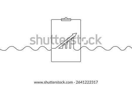 Continuous line drawing of clipboard with graph. Illustration vector of bar chart. Single line art of  increasing arrow up. Object one line of business growth. Flat icon sign symbol