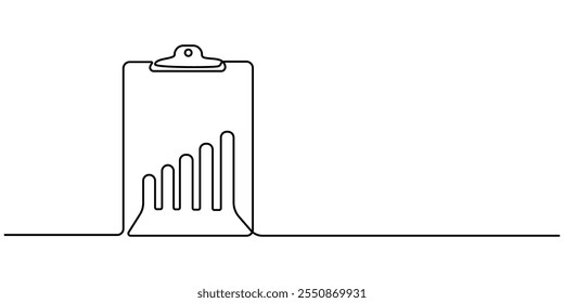 Desenho de linha contínuo da área de transferência. ícone de gráfico de crescimento negócio, gráfico de barras, objeto uma linha, arte de linha única, ilustração vetorial, desenho contínuo de uma linha de papel de área de transferência com gráfico e caneta.