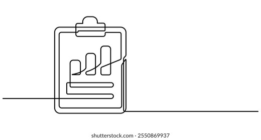 Desenho de linha contínuo da área de transferência. ícone de gráfico de crescimento negócio, gráfico de barras, objeto uma linha, arte de linha única, ilustração vetorial, desenho contínuo de uma linha de papel de área de transferência com gráfico e caneta.