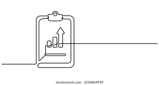 Desenho de linha contínuo da área de transferência. ícone de gráfico de crescimento negócio, gráfico de barras, objeto uma linha, arte de linha única, ilustração vetorial, desenho contínuo de uma linha de papel de área de transferência com gráfico e caneta.