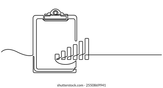 Desenho de linha contínuo da área de transferência. ícone de gráfico de crescimento negócio, gráfico de barras, objeto uma linha, arte de linha única, ilustração vetorial, desenho contínuo de uma linha de papel de área de transferência com gráfico e caneta.