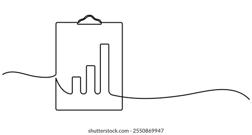 Desenho de linha contínuo da área de transferência. ícone de gráfico de crescimento negócio, gráfico de barras, objeto uma linha, arte de linha única, ilustração vetorial, desenho contínuo de uma linha de papel de área de transferência com gráfico e caneta.