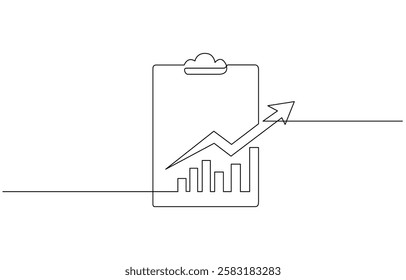 Continuous line drawing of clipboard. Growth graph icon business, Continuous one line drawing of clipboard paper with graph isolated vector illustration.