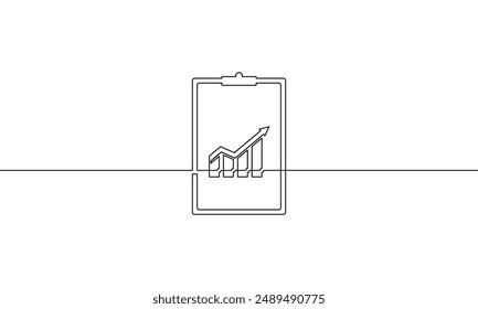 Continuous line drawing of clipboard. Hand drawn of bar chart icon. Illustration vector of arrow up. Single line art of graph with increasing arrow. Object one line of business growth sign symbol