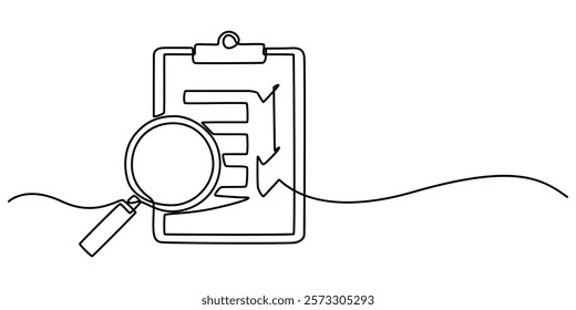 continuous line drawing clipboard with magnifying glass. Concept of Business analysis in simple outline style. Transparent background illustration, Auditing Line icon, Sketch Design, Pixel perfect. 