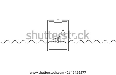 Continuous line drawing of clipboard. Single line art of business growth. Bar chart sign symbol. Illustrationvector of graph with increasing arrow up. Object one line. Flat icon