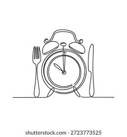 Dibujo de línea continuo de un reloj combinado con tenedor de cubiertos y cuchillo