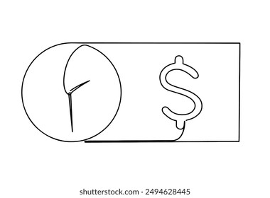 Continuous line drawing of clock dollar bill icon isolated on transparent background. vector illustration