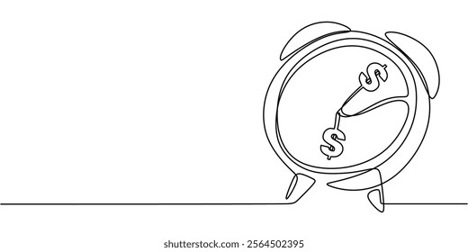 Continuous line drawing of a clock with a dollar sign pendulum, reflecting the connection between time and financial matters. Vector illustration hand drawn.