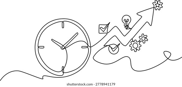 Continuous line drawing of a clock time management productivity, line art vector illustration