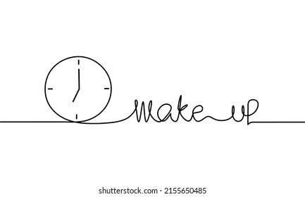 Continuous line drawing of clock with wake up lettering, alarm icon, object one line, single line art, vector illustration