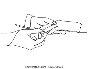 continuous line drawing of close up of male hand inserting an engagement ring Into a finger