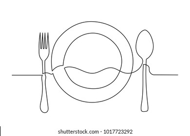 Continuous line drawing  Close  up  Clean plate  fork   spoon  Drawing by hand sign business cards in cafe  Lines black white background 