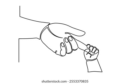 Continuous line drawing of Close-up little hand of child baby holding hand of father, Baby holding mother's finger at home. The newborn baby has a firm grip on the parent's finger after birth. Line