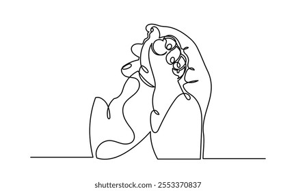 Continuous line drawing of Close-up little hand of child baby holding hand of father, Baby holding mother's finger at home. The newborn baby has a firm grip on the parent's finger after birth. Line