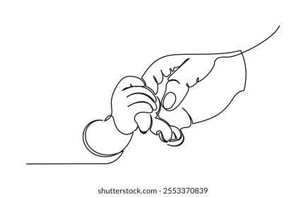 Continuous line drawing of Close-up little hand of child baby holding hand of father, Baby holding mother's finger at home. The newborn baby has a firm grip on the parent's finger after birth. Line