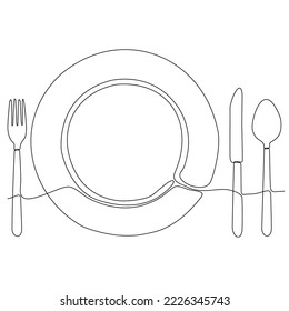 
Continuous line drawing. Close-ups. Clean plates, forks and spoons. Drawing by hand on a sign or business card in a cafe. Black outline on a white background.