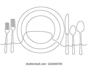 
Dibujo continuo de líneas. Cierre. Limpie los platos, horquillas y cucharas. Dibujo a mano en un cartel o tarjeta de visita en un café. Borde negro sobre fondo blanco.