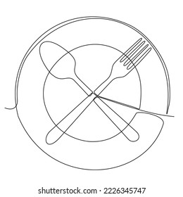 
Continuous line drawing. Close-ups. Clean plates, forks and spoons. Drawing by hand on a sign or business card in a cafe. Black outline on a white background.