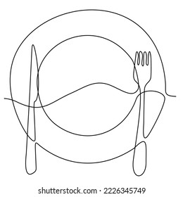 
Continuous line drawing. Close-ups. Clean plates, forks and spoons. Drawing by hand on a sign or business card in a cafe. Black outline on a white background.