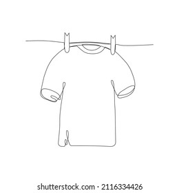 Continuous line drawing cloth, the T-shirt is drying on a rope, one line drawing. Vector illustration.
