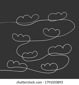 Continuous line drawing of clouds, Hand drawn white line on dark grey background, vector minimalist illustration