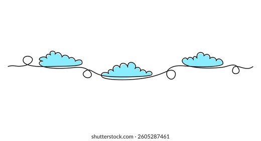 Continuous line drawing. Clouds. Isolated on white background. Hand drawn color vector illustration.