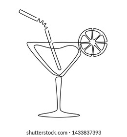 Continuous line drawing of cocktail. Vector linear black illustration. Isolated on white background.