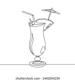 Continuous line drawing of cocktail. Vector linear black illustration on white background.
