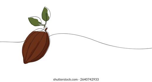 Continuous line drawing of a cocoa pod with green leaves, elegant line art style perfect for chocolate and organic branding.
