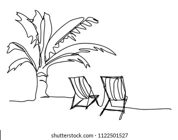 continuous line drawing of coconut tree and beach mattress Tourism beach sea vector illustration