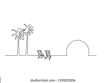 continuous line drawing of coconut tree and beach mattress Tourism beach sea vector illustration