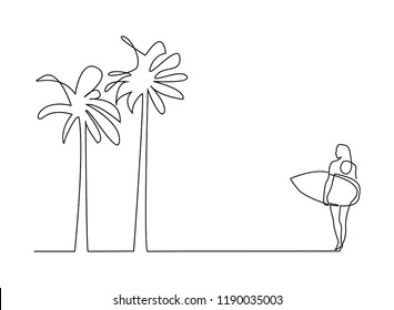 continuous line drawing of coconut tree and beach mattress Tourism beach sea  and holding a surfboard. vector illustration